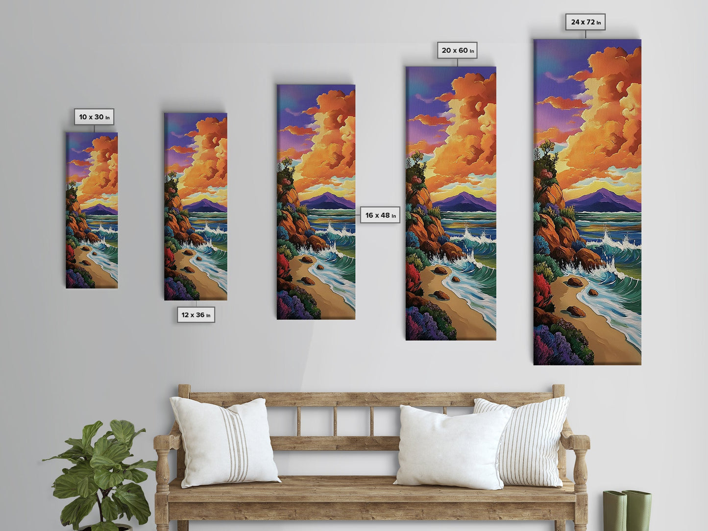 Beach Cliffs, Sunset Painting, Framed Canvas Print coastal cliffside view with crashing waves vibrant beach wall art tropical living room décor