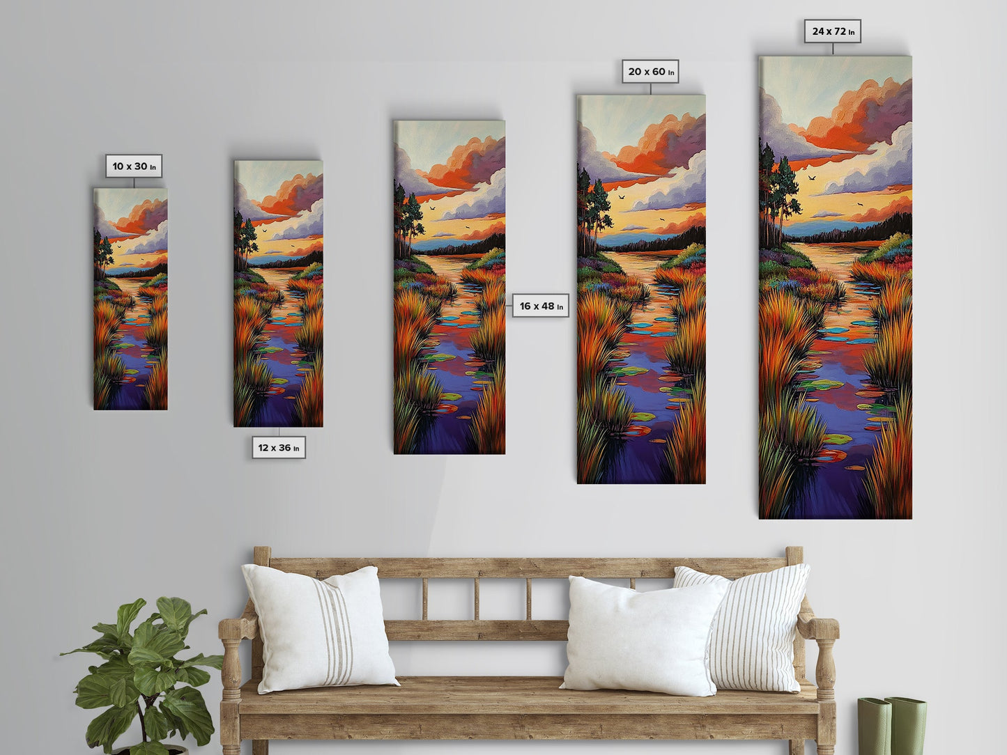 Autumn, River, Sunset, Painting, Framed Canvas Print of colorful river marsh landscape, Fall wall decor, rustic living room boho art