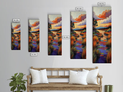 Autumn, River, Sunset, Painting, Framed Canvas Print of colorful river marsh landscape, Fall wall decor, rustic living room boho art