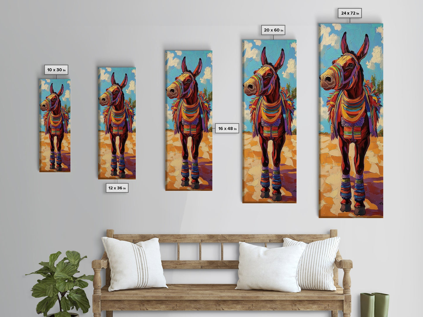 Donkey, Fiesta, Colorful, Fun, Framed Canvas Print with southwestern folk art, playful animal design, boho kids room, kitchen decor