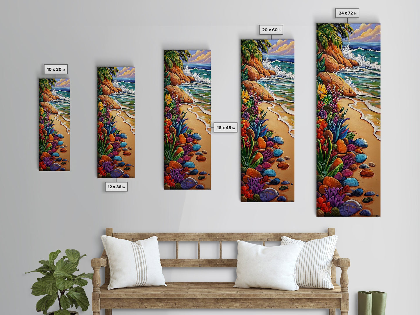 Beach, Plants, Vibrant, Tropical - Canvas Print, Colorful Coastal Art, Tropical Wall Decor, Boho Beach House Accent, Summer Canvas Piece