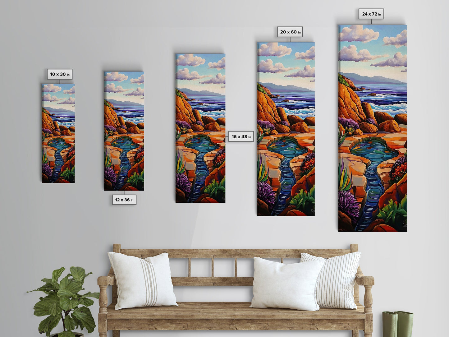 Waves Rocks, Ocean, Pastel, Framed Canvas Print, Crashing wave pastel seascape painting, calming ocean wall decor, coastal home design