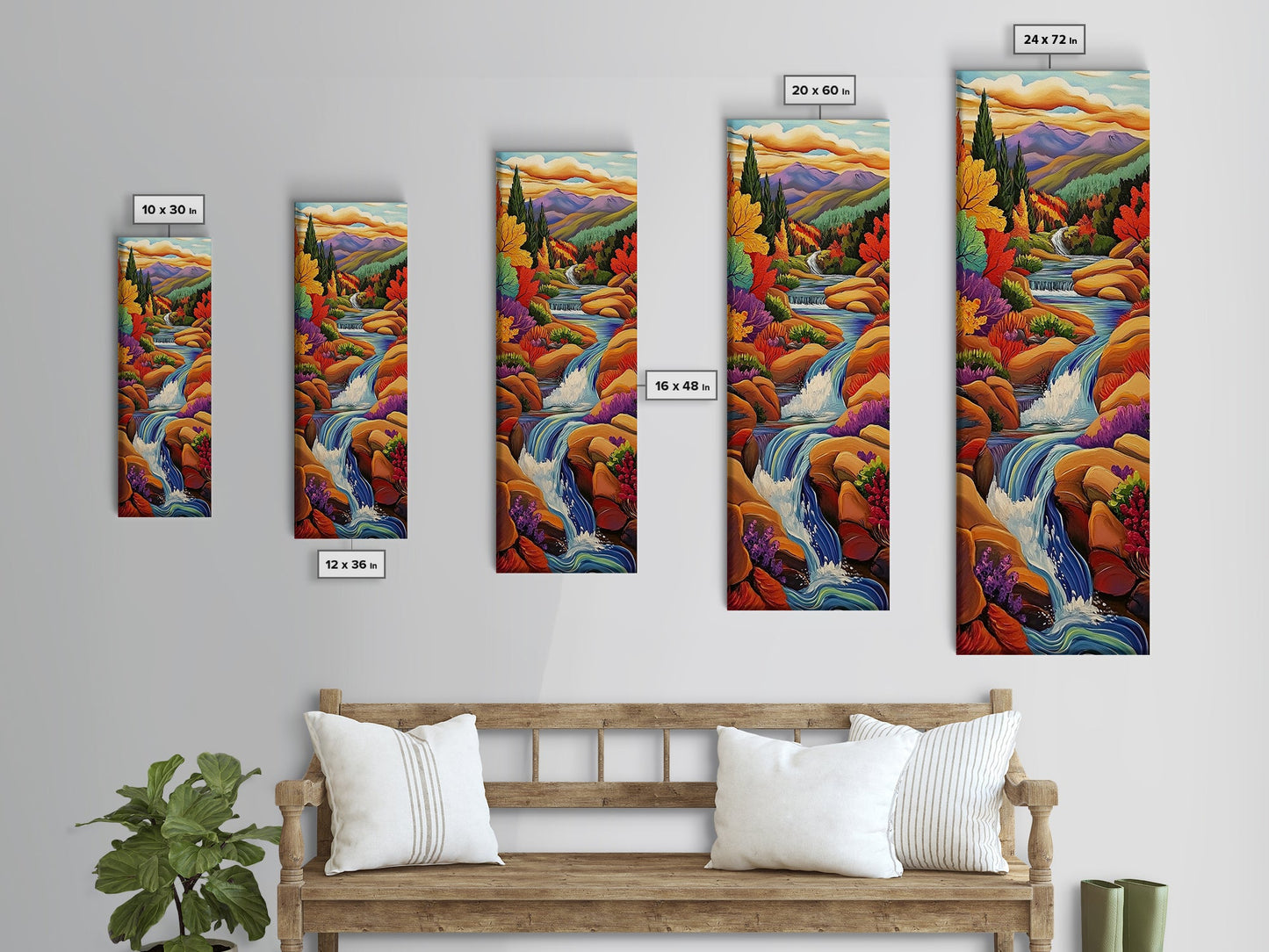 Autumn Waterfall, Mountain, River — Canvas Print of fall mountain river scene, great for Rustic Cabin Decor or Autumn Living Room Wall Art