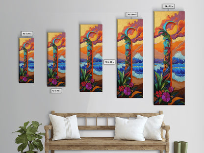 Sunset Waves, Flowers, Canvas Print, Tropical sunset beach painting with waves and floral details, boho decor, hallway wall art