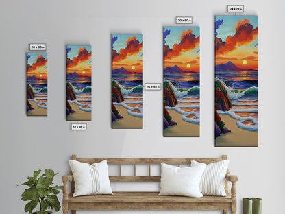 Sunset Waves, Shore, Coastal Framed Canvas Print beach sunset wall art, vibrant ocean wave decor, tropical boho art, iving room art