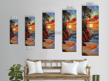 Tropical Sunset, Palms, Beach Framed Canvas Print vibrant tropical sunset scene, palm tree ocean art, vacation vibes, hallway wall print