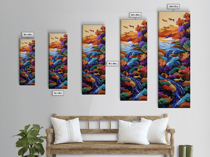 Fish Stream, Fantasy Whimsical — Framed Canvas Print, colorful river painting, kids room aquatic wall art, fantasy nature scene, boho decor