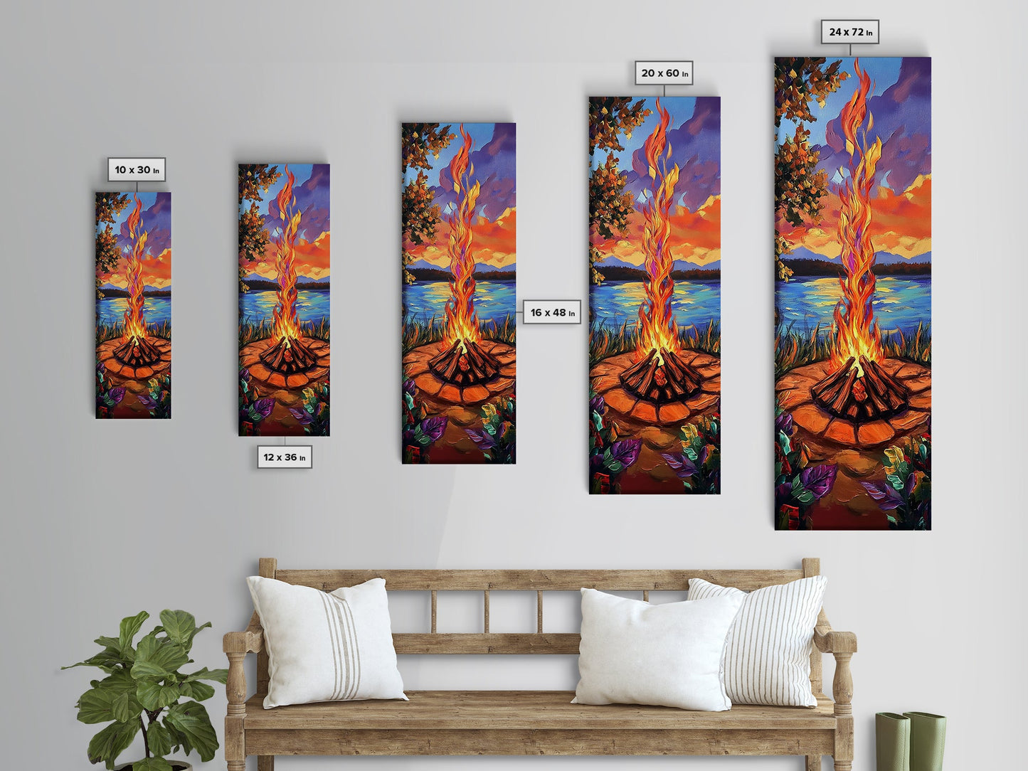 Campfire Flames, Sunset Lake – Rustic Firepit Wall Art, Cozy Cabin Vibes, Autumn Nature Scene, Framed Canvas Print, Lodge Decor