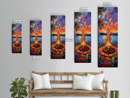 Campfire Flames, Sunset Lake – Rustic Firepit Wall Art, Cozy Cabin Vibes, Autumn Nature Scene, Framed Canvas Print, Lodge Decor
