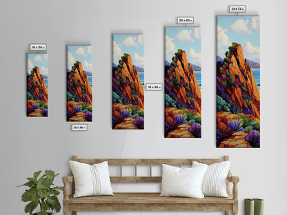 Cliff Trail, Seaside, Vista, Framed Canvas Print, nature hiking trail painting, boho wall decor, mountain sea view artwork, living room print