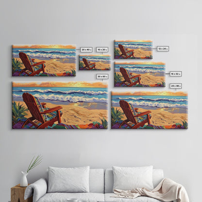 Chair Ocean, Sunset, Framed Canvas Print, Tranquil Beach Chair Painting, Relaxing Seaside Wall Decor, Zen Office Artwork