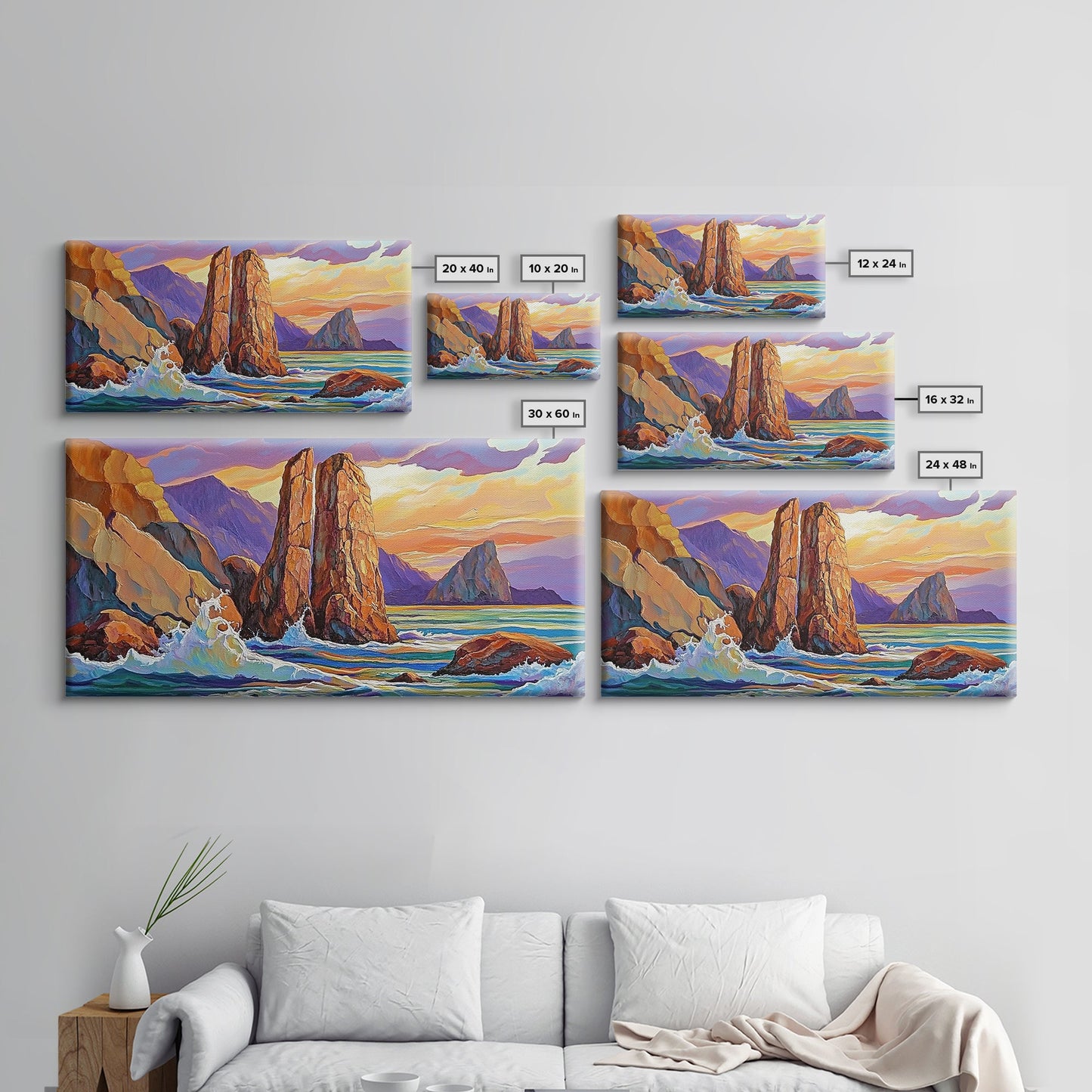 Ocean Rocks, Waves, Sunrise, Framed Canvas Print, Coastal Landscape Art, Nautical Beach Wall Decor, Ocean Sunset Art, Bedroom Accent