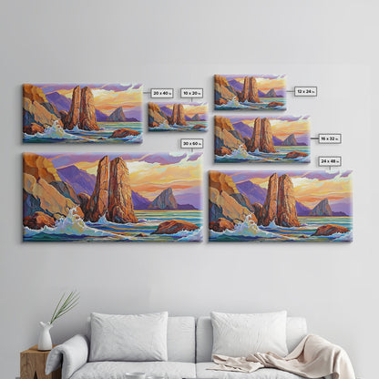Ocean Rocks, Waves, Sunrise, Framed Canvas Print, Coastal Landscape Art, Nautical Beach Wall Decor, Ocean Sunset Art, Bedroom Accent