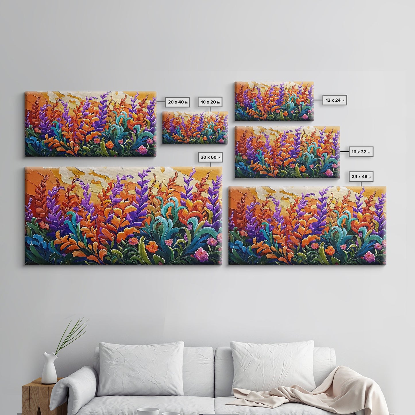 Flowers Sunset, Vibrant, Nature, Framed Canvas Print, Fall Wildflower Art, Boho Floral Wall Decor, Kitchen or Entryway Accent
