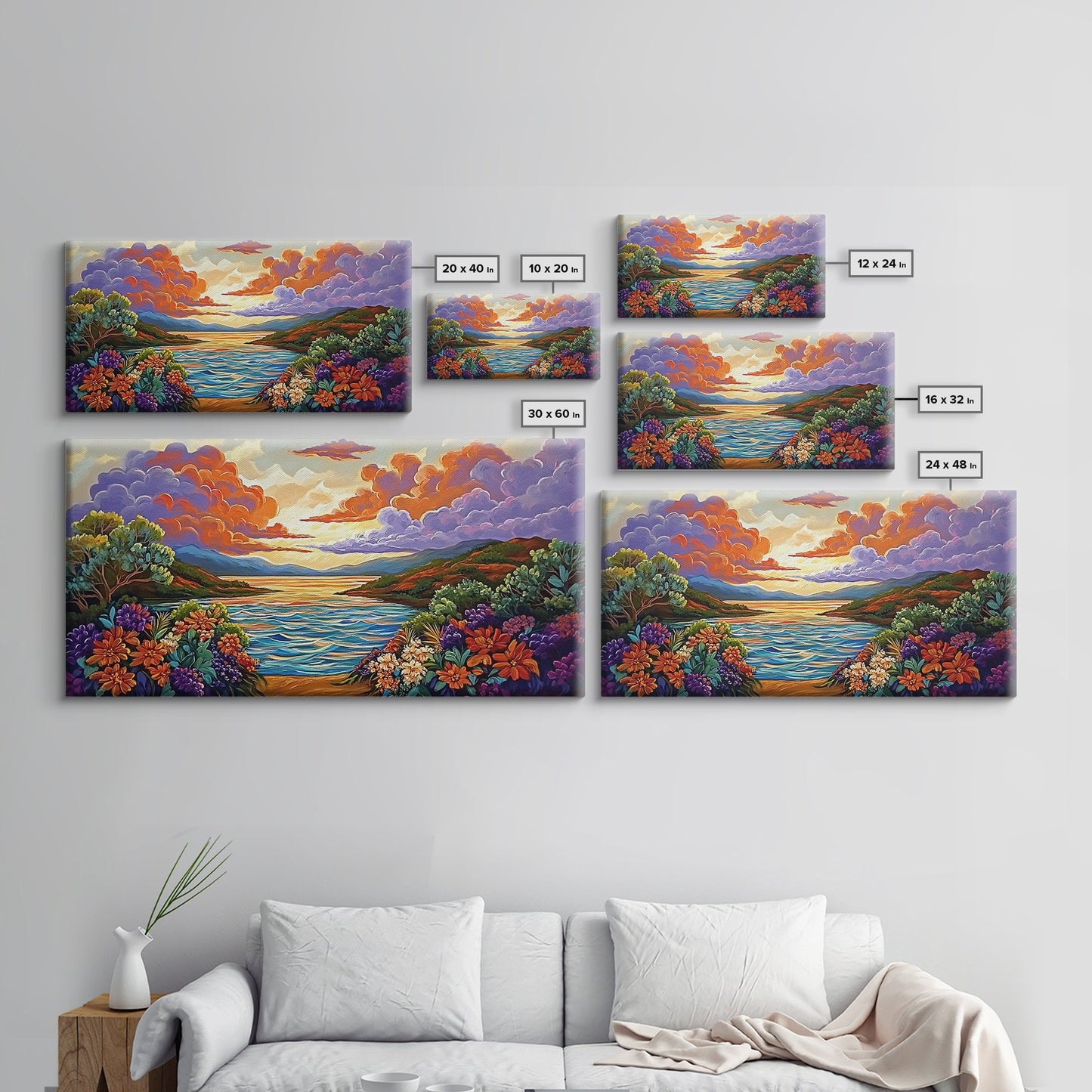 Sunset Floral, Lake, Garden, Framed Canvas Print, romantic nature painting, bedroom wall art, bright flower garden decor, sunset print