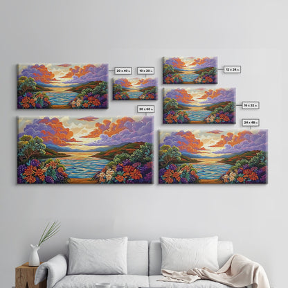 Sunset Floral, Lake, Garden, Framed Canvas Print, romantic nature painting, bedroom wall art, bright flower garden decor, sunset print