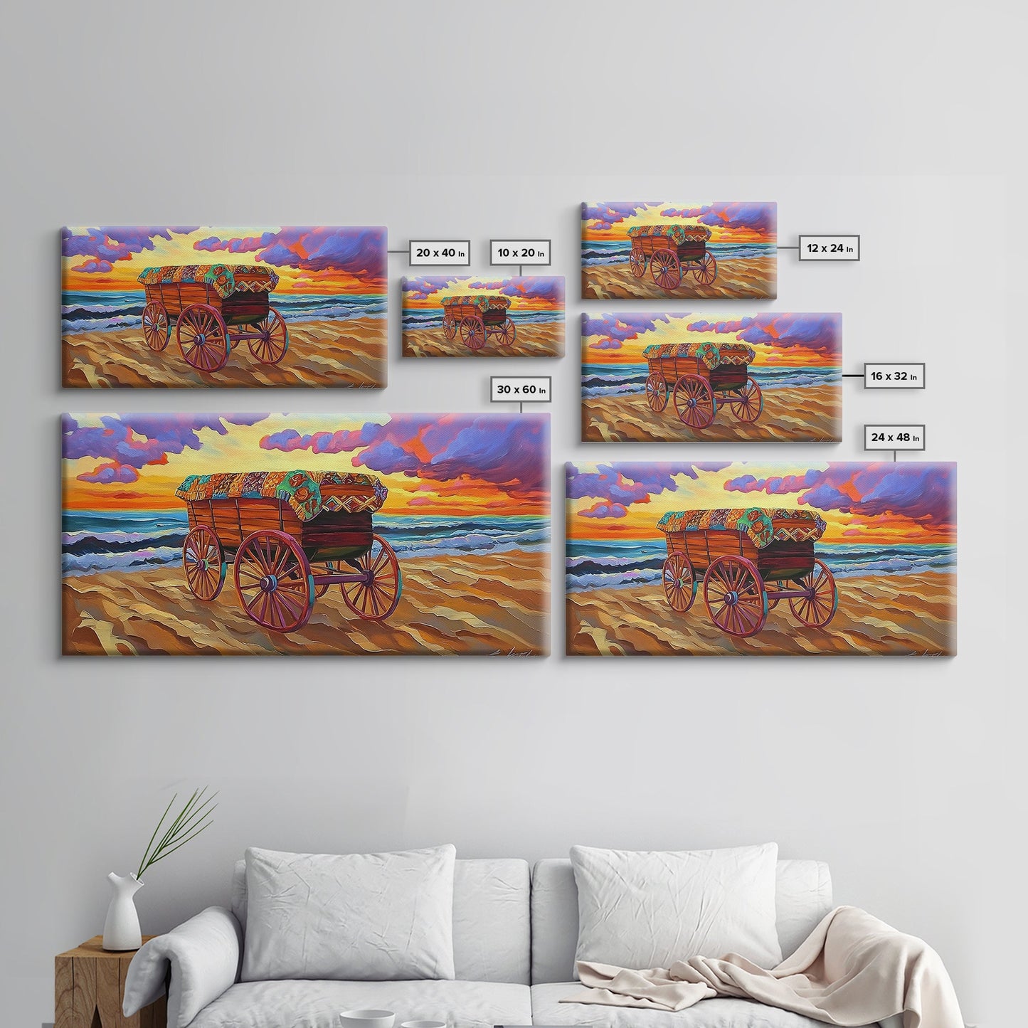 Beach Wagon, Sunset, Decor, Framed Canvas Print western wall art, desert decor, living room boho art, rustic coastal art, beach house