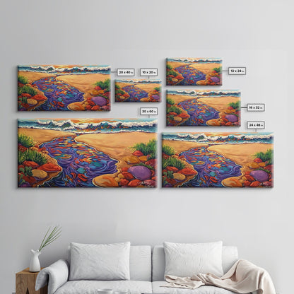 Ocean Stream, Sunset, Framed Canvas Print, Vibrant Beach Painting, Surf Wall Art, Coastal Decor, Sunset Seascape, Colorful Nature Art