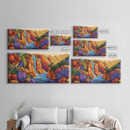 Canyon Waterfall, Desert Bloom, Sunset Rocks, Framed Canvas Print, Nature Landscape Wall Art, Boho Bedroom or Office Decor