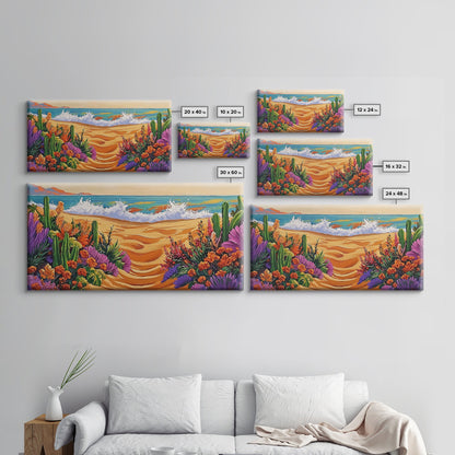 Beach Floral, Sunset, Cactus, Vibrant Desert Coastal Pathway Canvas Print, Entryway Wall Art, Boho Style Art, Tropical Beach Wall Decor