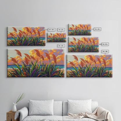 Coastal Sunset, Grasses, Canvas Print, Autumn Beach Landscape Art, Boho Living Room Wall Decor, Colorful Nature Painting
