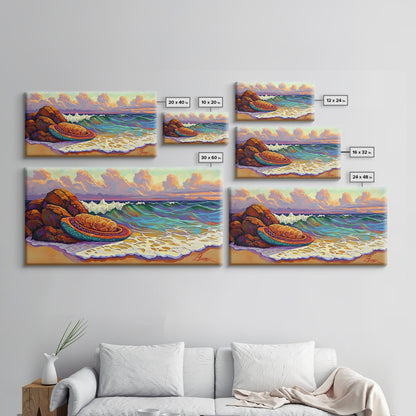 Conchas Beach, Sunset, Waves, Canvas Print, Mexican sweet bread art, kitchen wall decor, colorful bakery art, beach wall painting