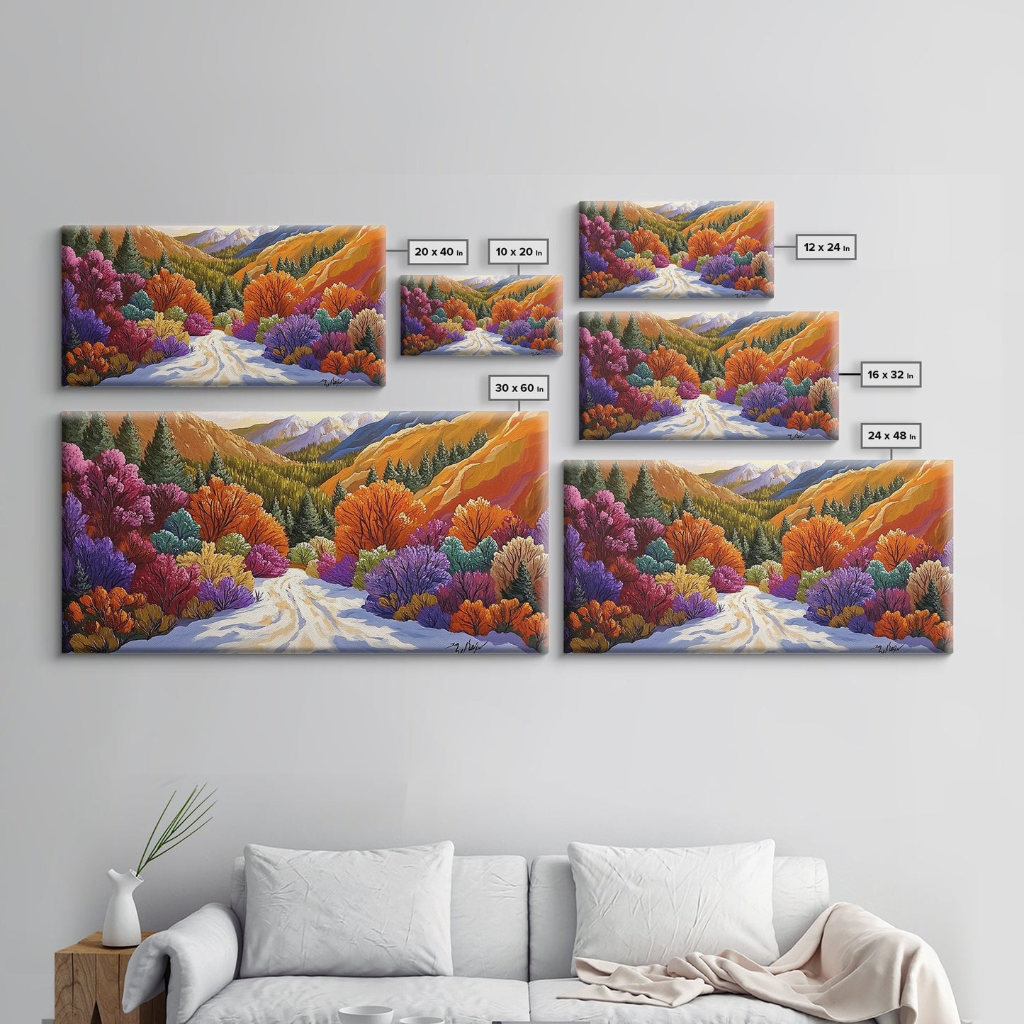 Autumn Forest, Snow, Trail, Canvas Print, Fall landscape painting, cabin wall decor, cozy mountain art, vibrant rustic hallway print