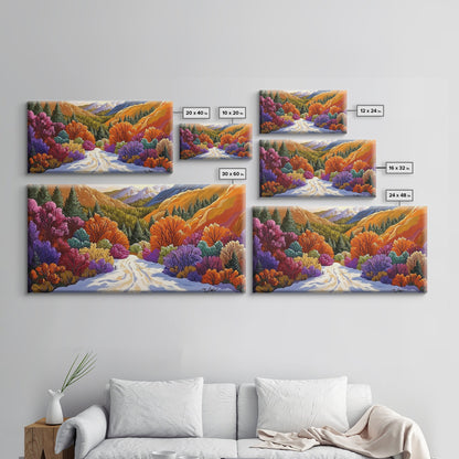 Autumn Forest, Snow, Trail, Canvas Print, Fall landscape painting, cabin wall decor, cozy mountain art, vibrant rustic hallway print