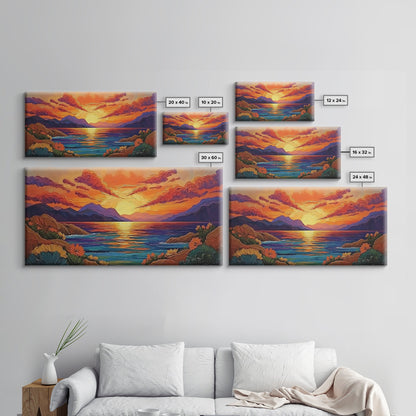 Sunset Coastal, Landscape, Vibrant Colors, Framed Canvas Print, Boho Beach Art, Living Room Wall Decor, Nature Painting, Summer Vibes