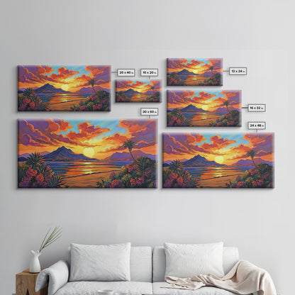 Mountains Tropical, Sunset, Palm Trees, Framed Canvas Print, Bold Landscape Art, Living Room Wall Decor, Sunset View, Boho Decor