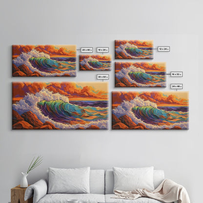 Ocean Wave, Sunset, Crashing Surf, Framed Canvas Print, Colorful Coastal Art, Living Room Wall Decor, Seaside Painting, Bold Landscape