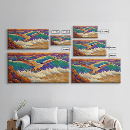 Seagull, Beach, Ocean Waves, Vibrant Sky, Framed Canvas Print, Coastal Wildlife Art, Living Room Wall Decor, Bird Painting, Boho Nature