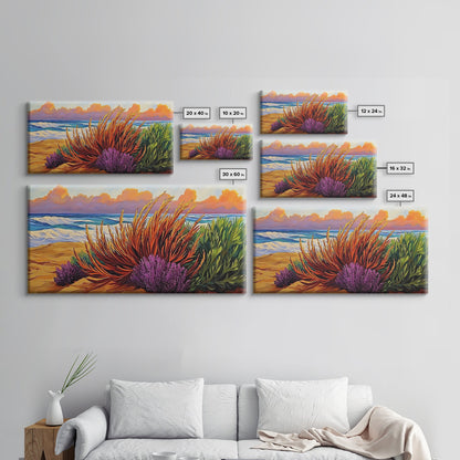 Beach, Sunset, Grasses, Coastal, Canvas Print, Tropical coastal wall art, desert beach boho art, modern bathroom art, hallway decor