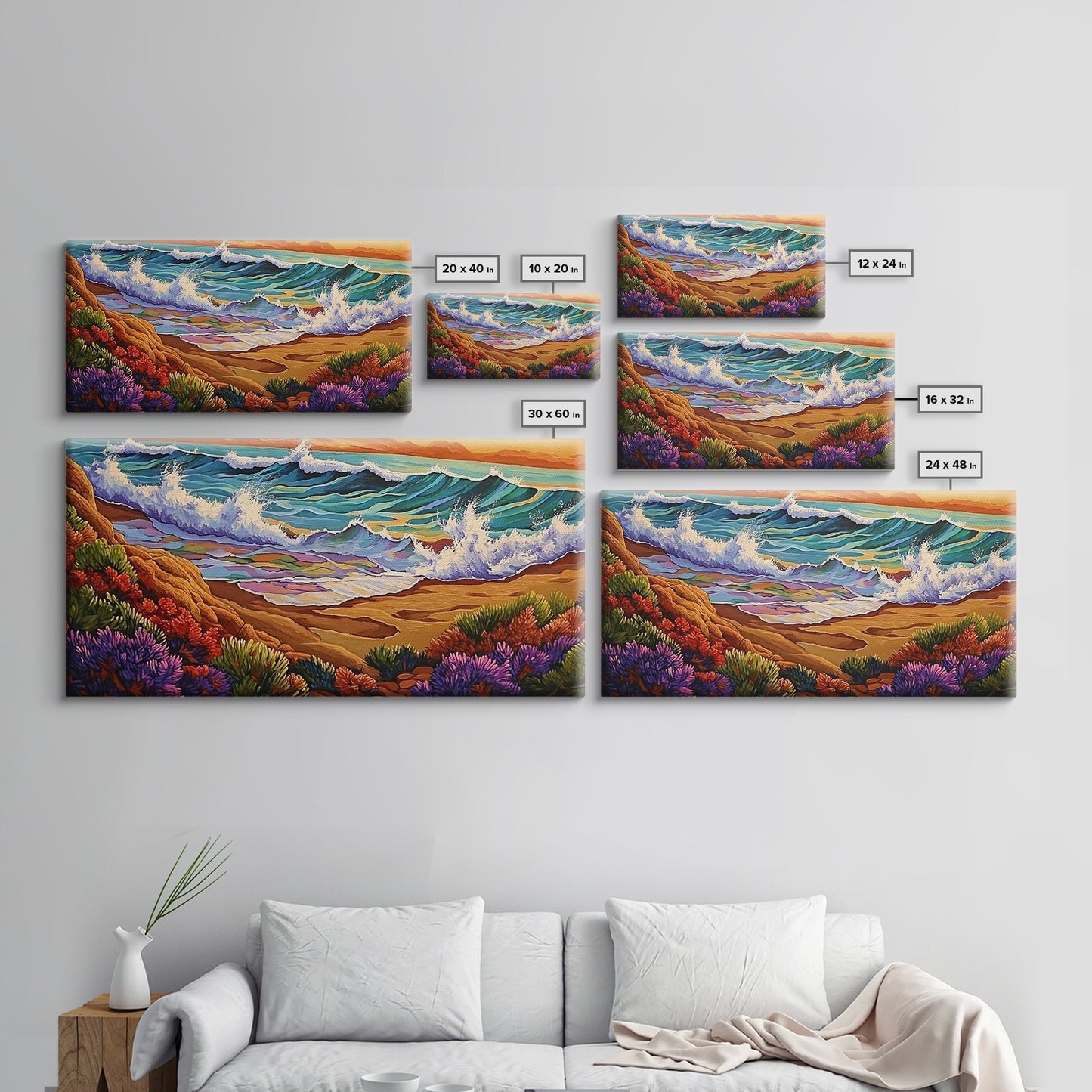Wave Shoreline, Sunset Painting, Framed Canvas Print, vibrant crashing ocean waves, colorful rocks, Coastal Wall Art, tropical art