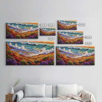Wave Shoreline, Sunset Painting, Framed Canvas Print, vibrant crashing ocean waves, colorful rocks, Coastal Wall Art, tropical art