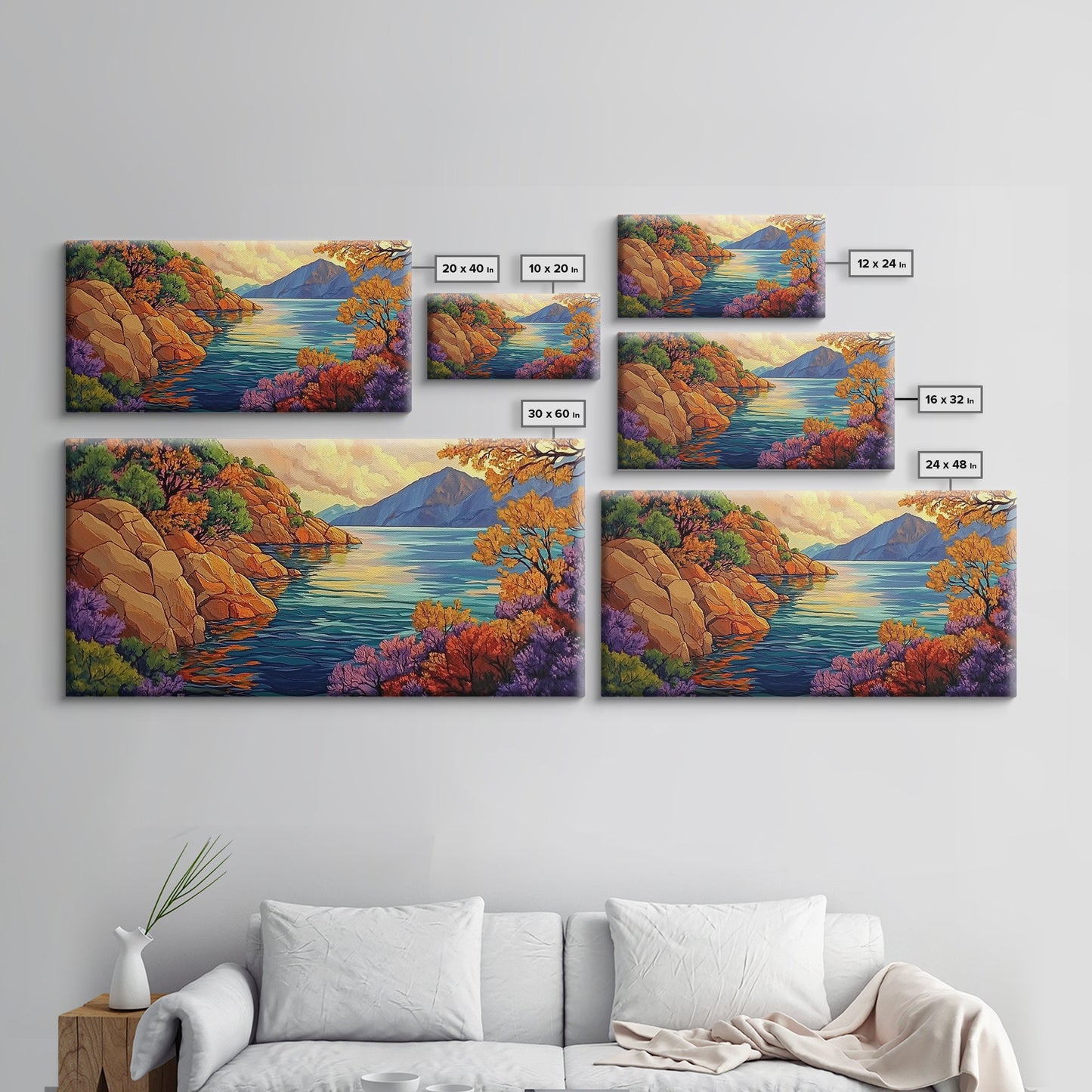 Mountain Lake, Trees, Reflection, Canvas Print with vivid autumn landscape painting, living room wall art, boho nature decor
