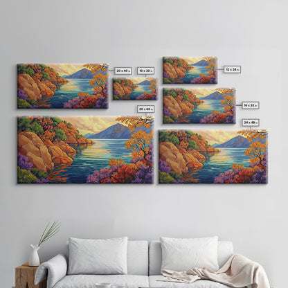 Mountain Lake, Trees, Reflection, Canvas Print with vivid autumn landscape painting, living room wall art, boho nature decor