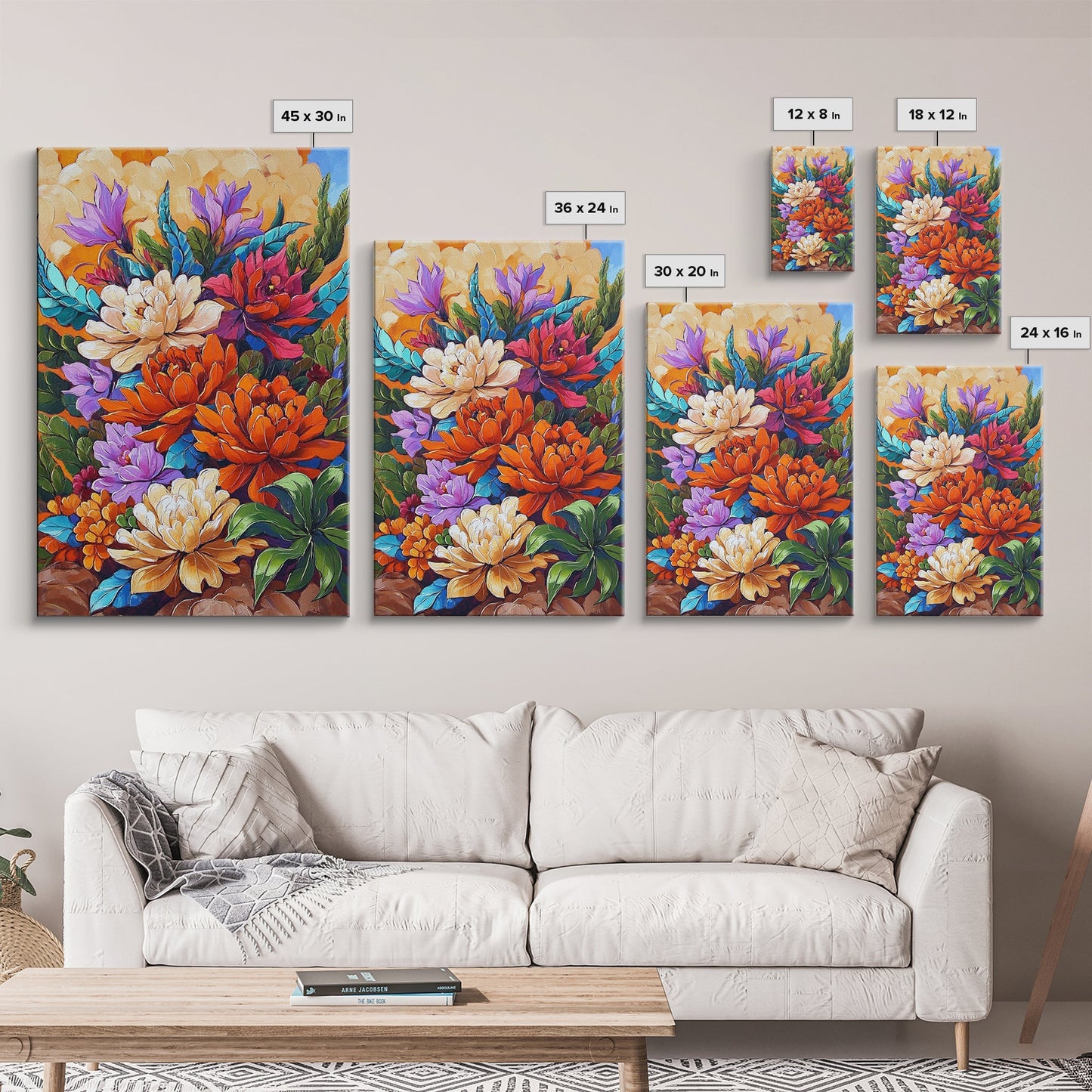 Floral Boho, Bright, Fall, Canvas Print vibrant flower bouquet wall art, fall floral wall decor, dining room print, bohemian art gift