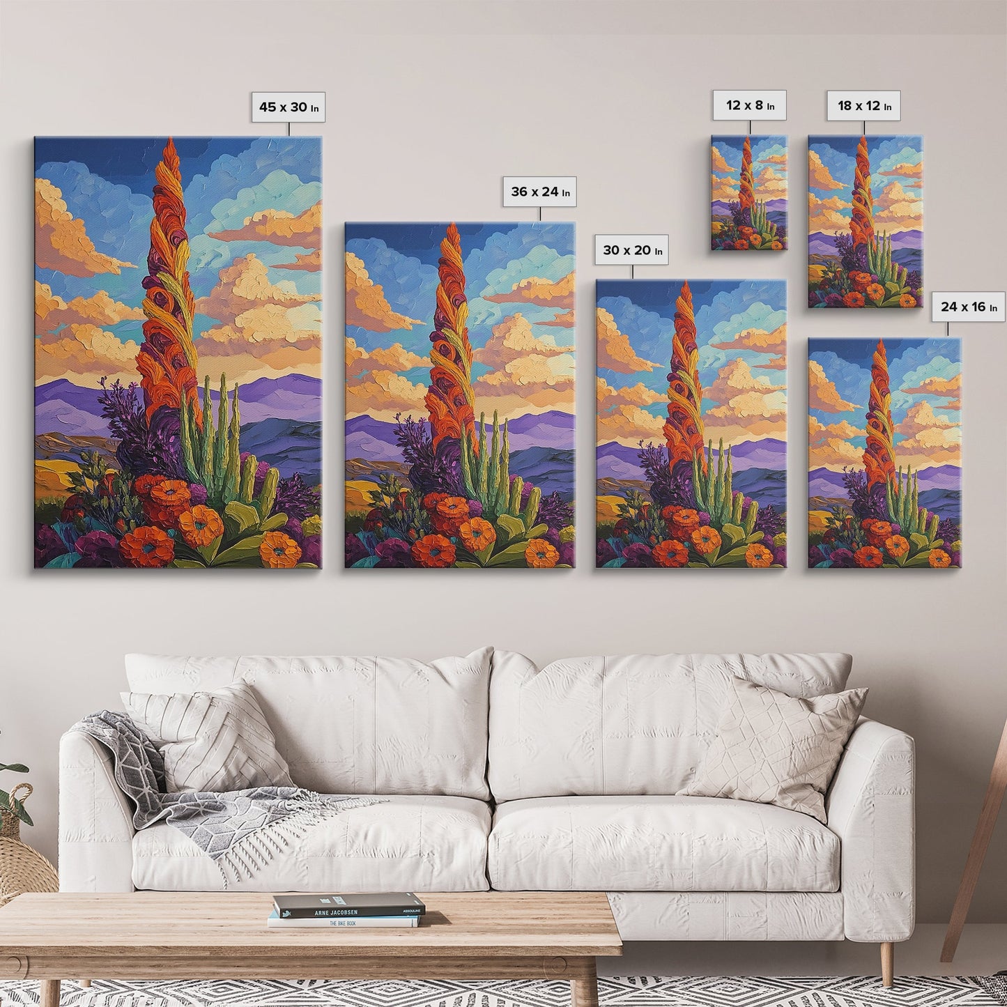 Cactus Bloom, Sunset, Desert, Canvas Print southwest desert flower art, blooming cactus painting, bright desert landscape, office decor