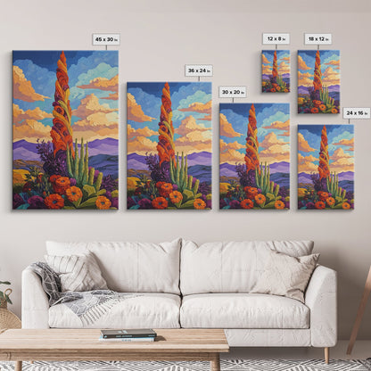 Cactus Bloom, Sunset, Desert, Canvas Print southwest desert flower art, blooming cactus painting, bright desert landscape, office decor