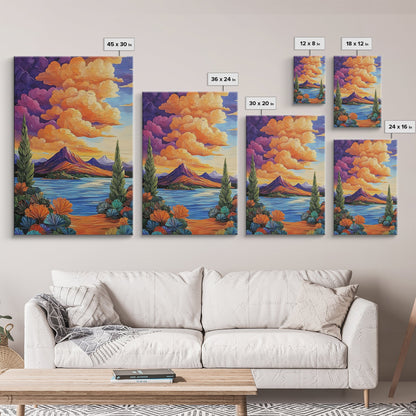 Mountain Lake, Cloudscape, Reflection, Framed Canvas Print, Bold sunset wall art, vibrant color landscape, Cabin or Living Room Wall Art