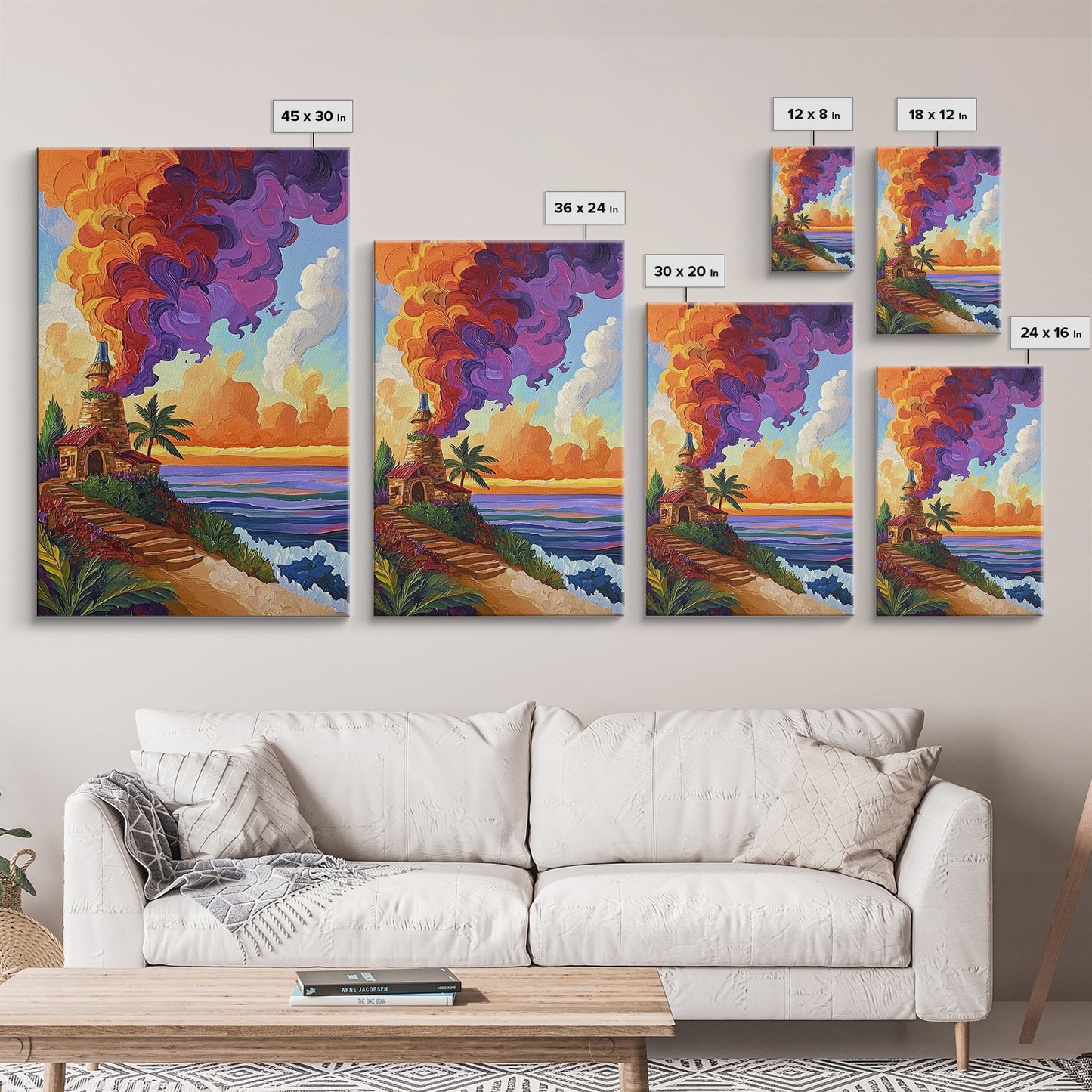 Lighthouse Sunset, Tropical, Path, Canvas Print, Colorful coastal home décor, beach house art, tropical living room wall painting