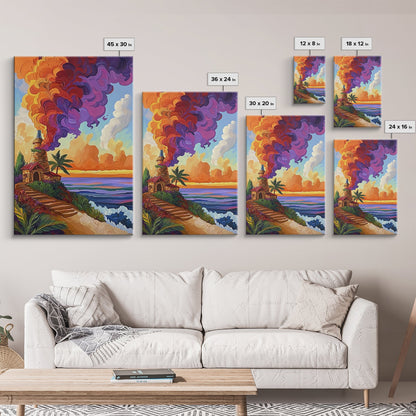 Lighthouse Sunset, Tropical, Path, Canvas Print, Colorful coastal home décor, beach house art, tropical living room wall painting