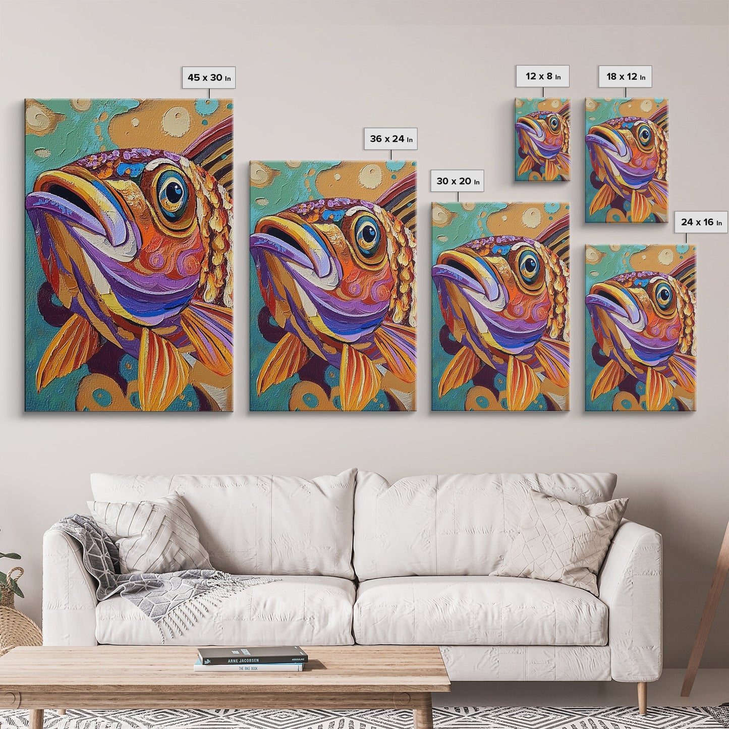 Fish Colorful, Tropical, Bold, Framed Canvas Print, vibrant ocean art, coastal bathroom decor, abstract tropical fish painting, boho beach
