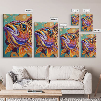 Fish Colorful, Tropical, Bold, Framed Canvas Print, vibrant ocean art, coastal bathroom decor, abstract tropical fish painting, boho beach