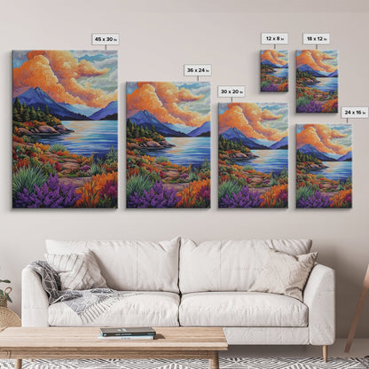 Lake Mountains, Sunset, Autumn, Framed Canvas Print serene mountain lake sunset wall art, vibrant Autumn landscape canvas, cozy cabin decor
