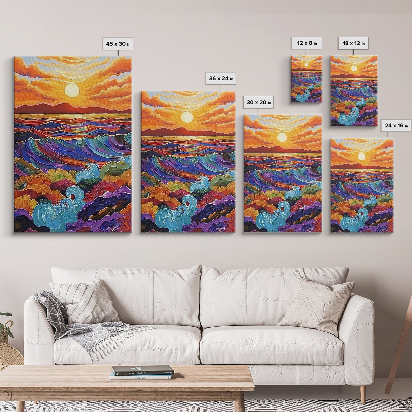 Sunset Ocean, Waves, Framed Canvas Print, Vibrant Abstract Seascape Wall Art, Colorful Ocean Decor, Living Room Statement Art