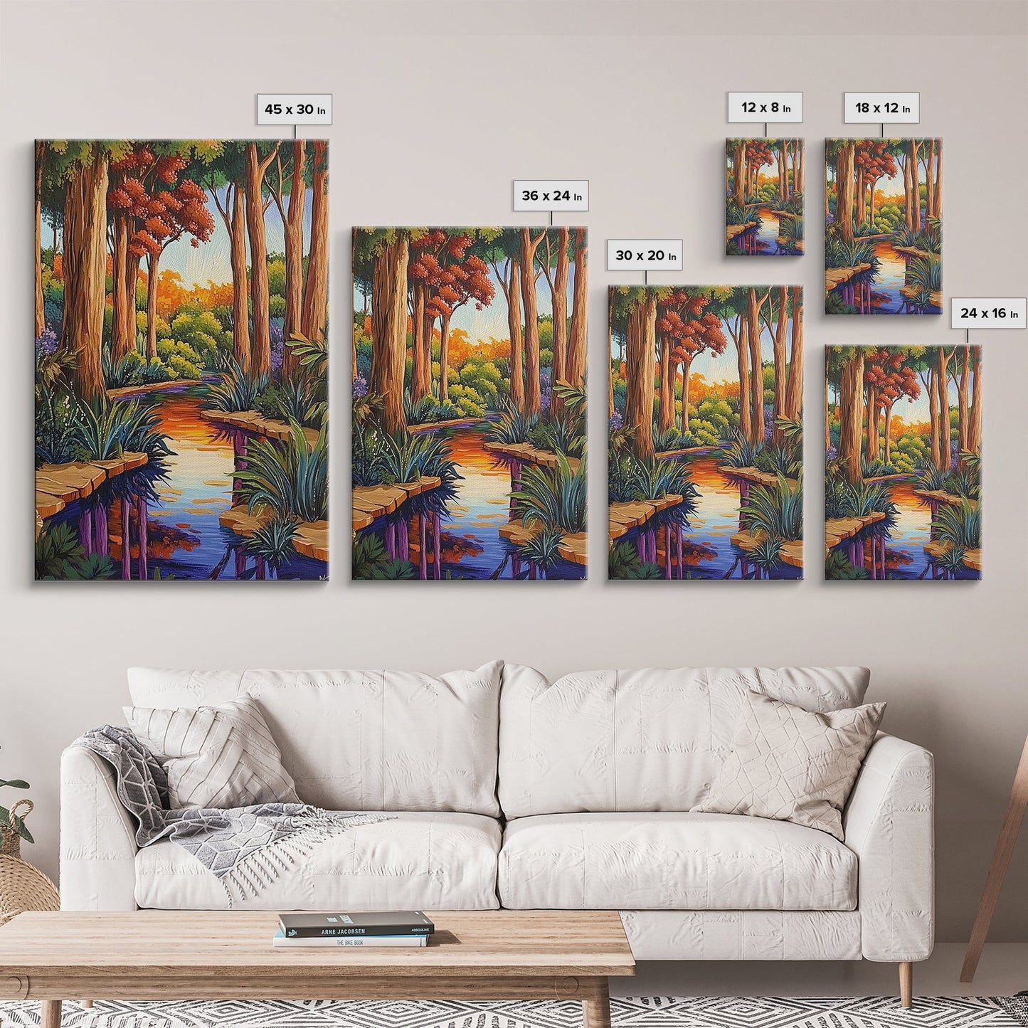 Forest Creek, Autumn, Framed Canvas Print, Tranquil Fall Landscape Wall Art, Vibrant Nature Decor, Woodland Boho Style, Bedroom Wall Art