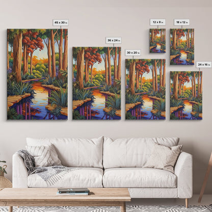 Forest Creek, Autumn, Framed Canvas Print, Tranquil Fall Landscape Wall Art, Vibrant Nature Decor, Woodland Boho Style, Bedroom Wall Art