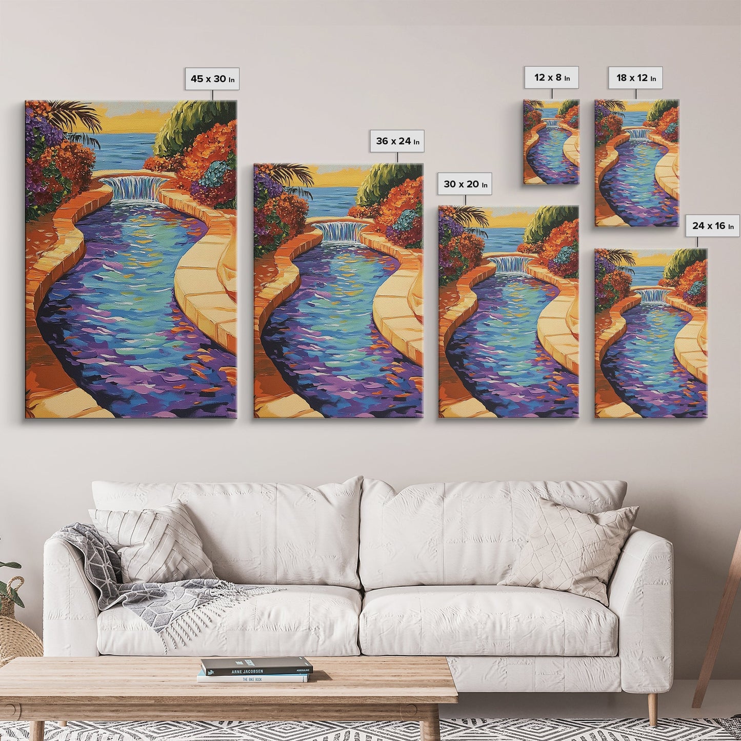 Pool Garden, Oasis, Sunset, Framed Canvas Print vibrant patio wall art, tropical courtyard landscape, kitchen art, sunroom boho decor